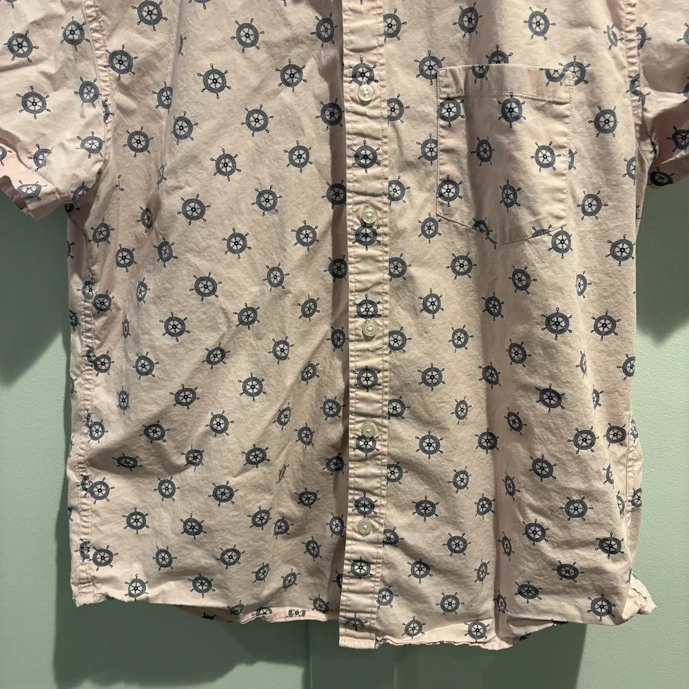 J.Crew Flex Washed Shirt‎ Mens L Pink Ship Wheel Nautical Button Up Slim Cotton